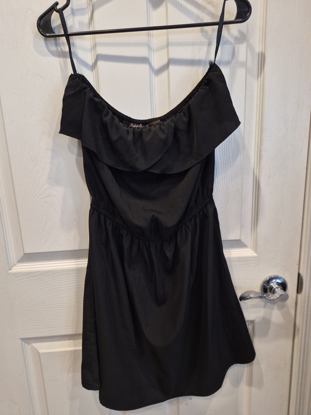 Speed Control Black Ruffle-Front Spaghetti Strap Mini Dress